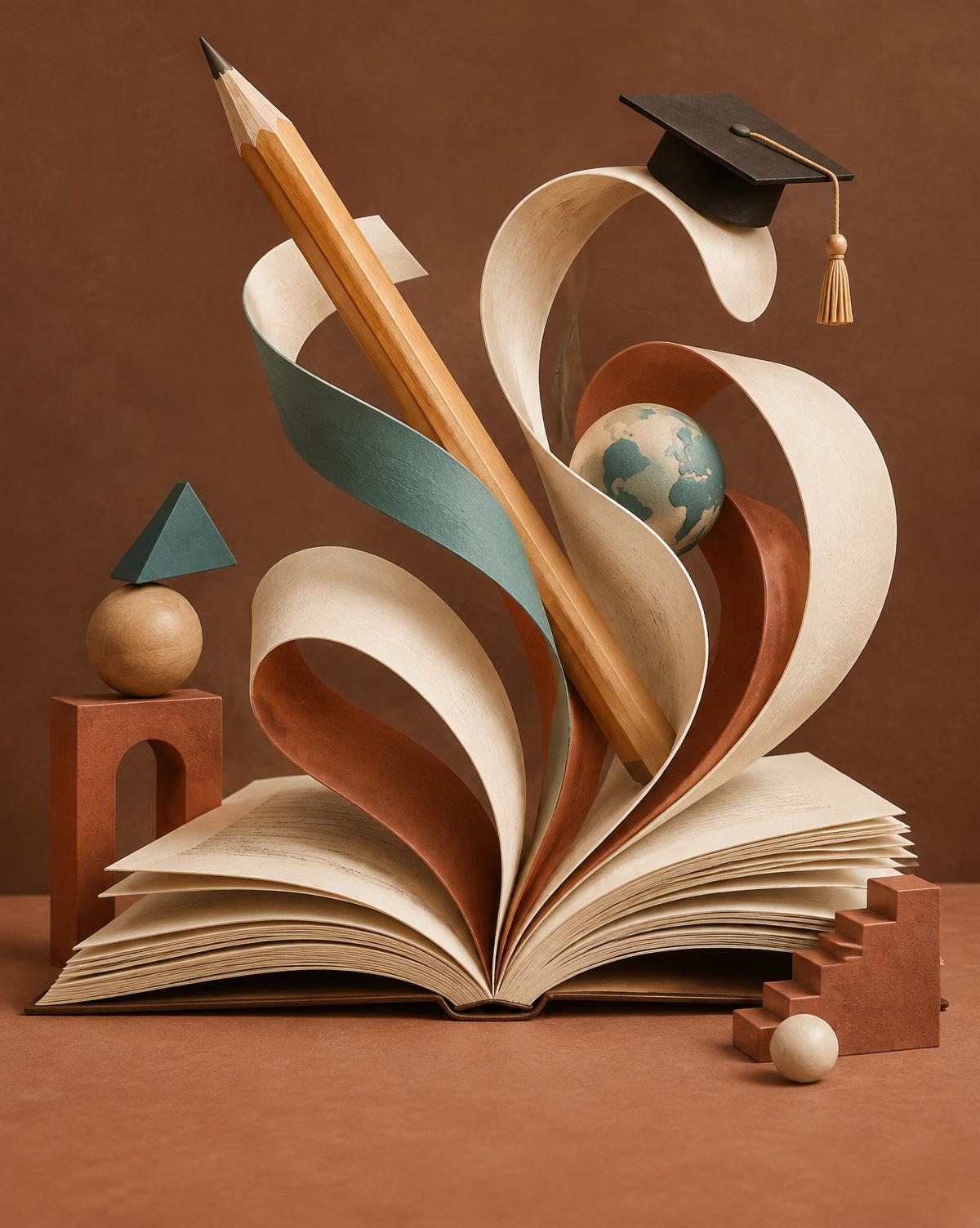 Surrealistisch kunstwerk van een open boek, potlood en afstudeerhoed